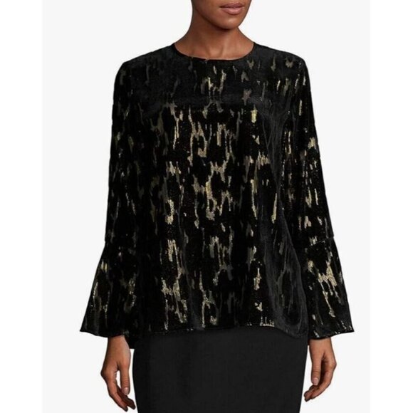 Calvin Klein Top Womens Medium Black Flocked Velvet Metallic Gold Bell Sleeve - Picture 1 of 9